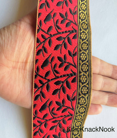 Grey / Red, Black And Gold Embroidered FloralTrim With Leaves, Approx. 56mm wide - 210119L37/38